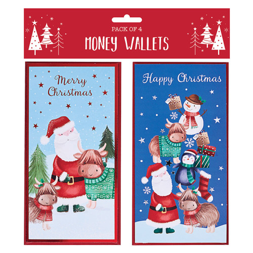 A pack of four money wallets with two assorted festive designs that feature an illustration of Santa.
