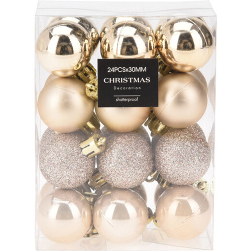 A clear box containing 24 shatterproof Christmas baubles in metallic gold and sparkling pink colours.