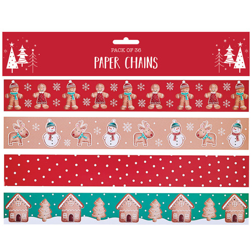 A DIY paper chain kit with pre-cut strips of paper in four assorted designs.