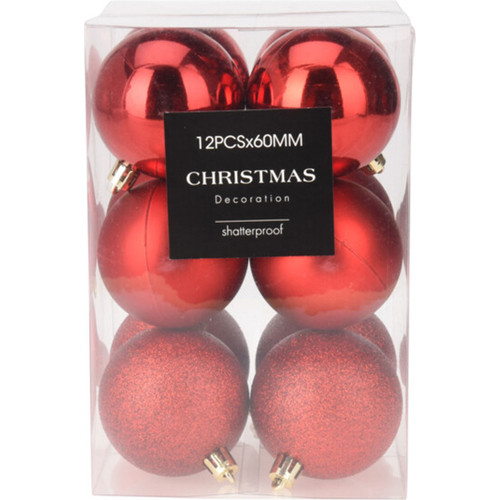 A clear box containing 12 shatterproof red Christmas baubles, featuring shiny and glittery finishes.