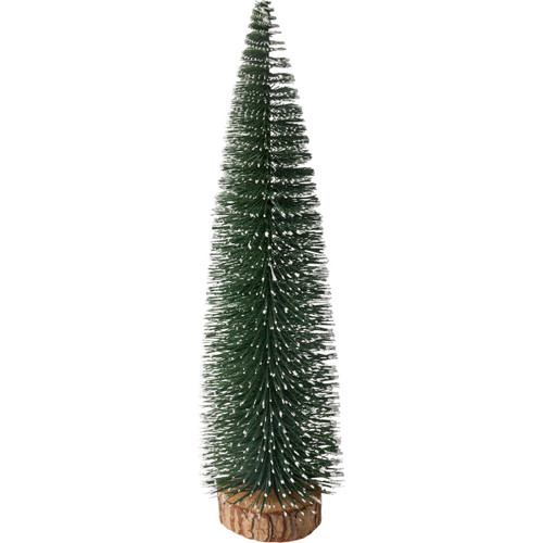 A tall, green Christmas tree ornament with artificial needles, resting on a brown, wooden base, isolated on a white background.