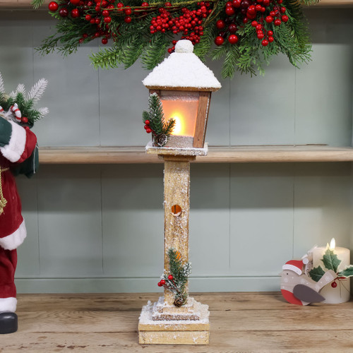 52cm wooden Christmas street lamp decoration with a cosy warm white glow.