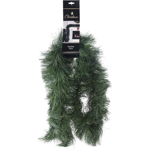 A 270cm green garland hanging on a display card, perfect for festive Christmas decorations.