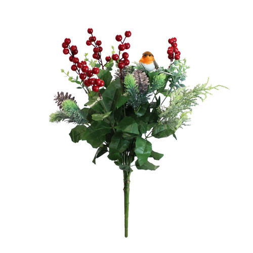 Artificial Christmas foliage bouquet with red berries, pinecones, evergreen sprigs and a decorative robin, ideal for festive floral arrangements and seasonal displays.