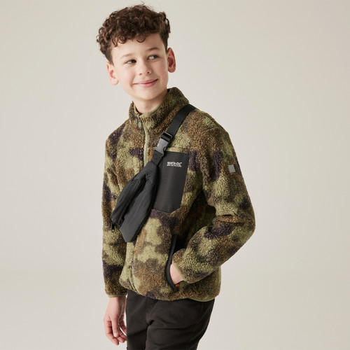 A front view of a camo full zip regatta fleece