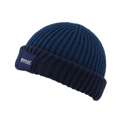 A view of a knitted navy regatta children' beanie hat