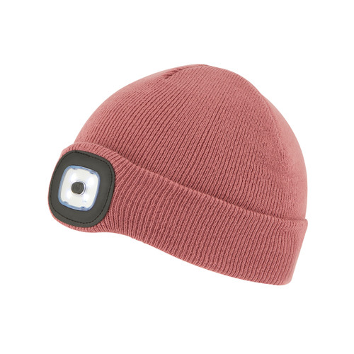 A view of a pink regatta beanie hat with a built in torch on ahwite background
