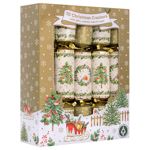 A decorative box of 10 Christmas crackers featuring festive designs, including birds and trees, with gifts and hats included.