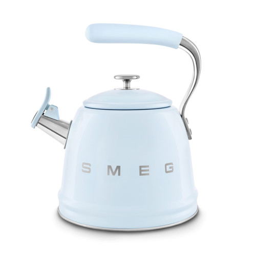 A pastel blue SMEG stovetop kettle