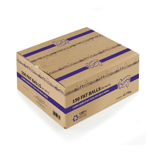 A view of a box of 150 bird feed fat balls on a white background