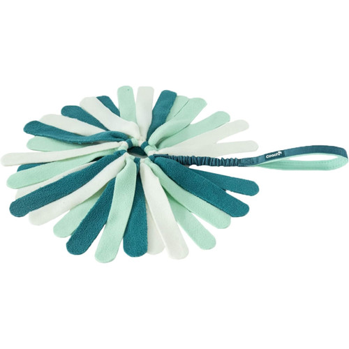 A round, multi-coloured dog toy with teal and mint green strands, featuring a handle for easy use.