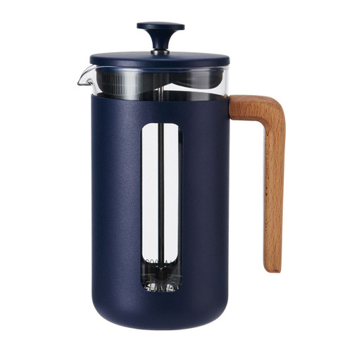 A navy cafetière with a beech wood handle.