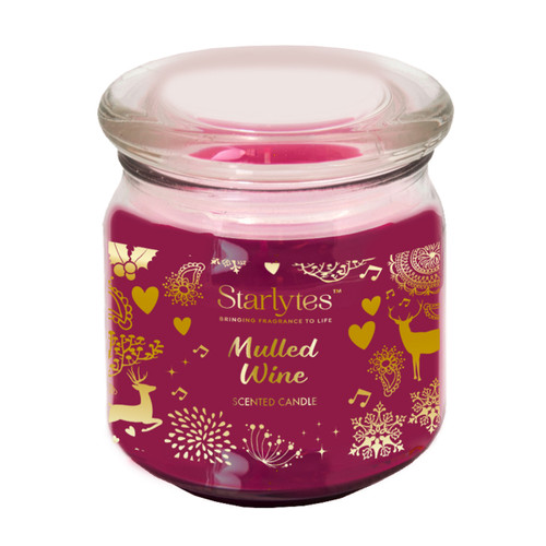 A jar candle labelled "Mulled Wine," featuring festive gold designs on a deep pink background, exuding warmth and holiday spirit.