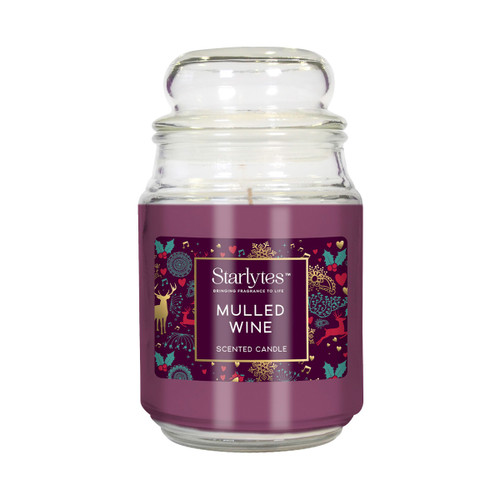 A purple glass scented candle labelled "Mulled Wine" by Starlytes, featuring a decorative holiday-themed design.