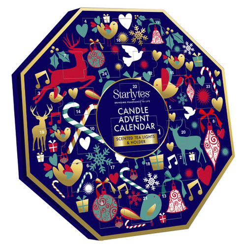 Starlytes Candle Advent Calendar, octagonal design featuring festive illustrations, holds scented tea lights and a holder.