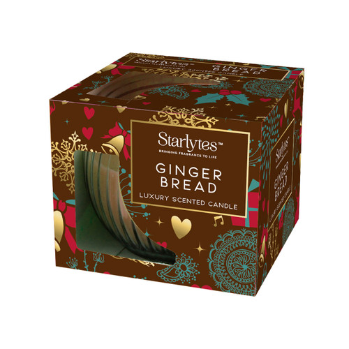 A stylish brown box with festive designs showcasing a Gingerbread luxury scented candle by Starlytes.