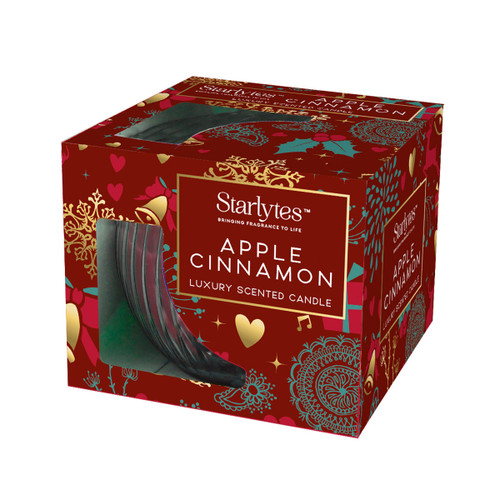 Red and gold decorative box of Starlytes Apple Cinnamon luxury scented candle featuring festive patterns and an elegant design.