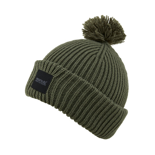 A side view of a dark khaki coloured bobble hat with a turn-up hem.
