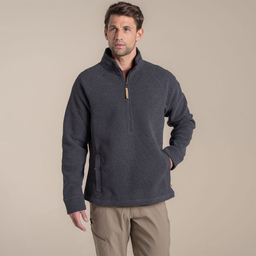 Front view of men’s dark grey half-zip fleece pullover with high collar and long sleeves.