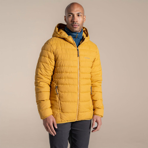 Men’s yellow packaway hooded jacket with lightweight padded design, full zip fastening, and side zip pockets by Craghoppers.