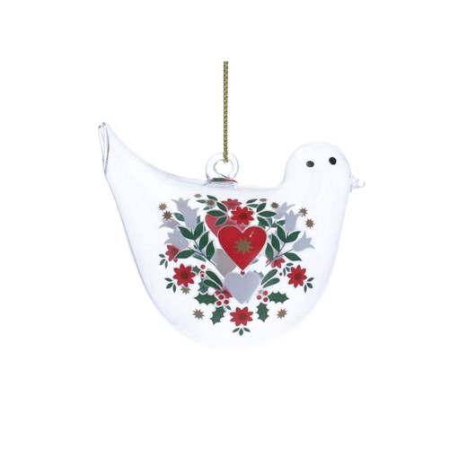 A clear glass bird shaped decoration with an alpine design.