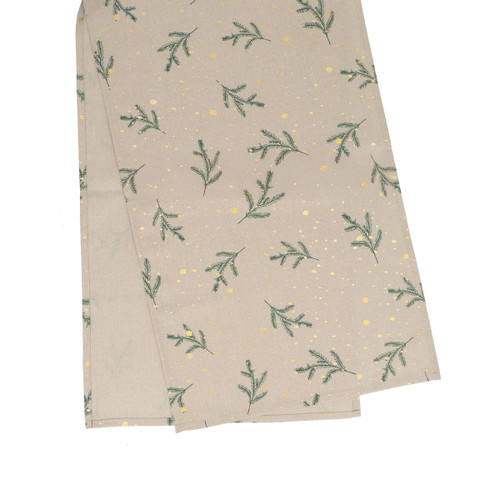 A beige table runner with green sprigs and gold splotches.