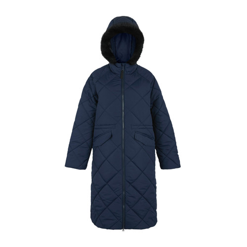 The front of a quilted navy jacket with a faux fur hood.