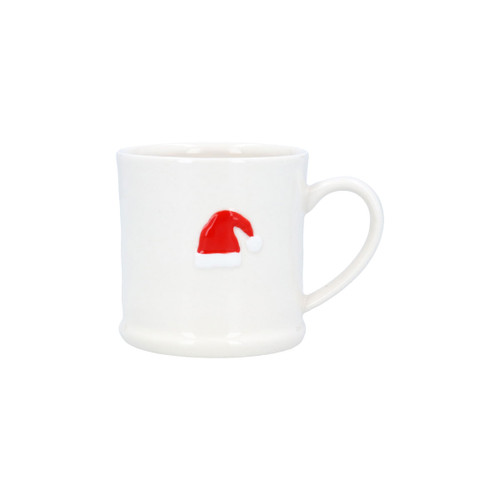 A mini white mug with a red Santa hat on it.