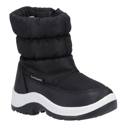 Children’s black snow boot with padded water-resistant upper and chunky white sole