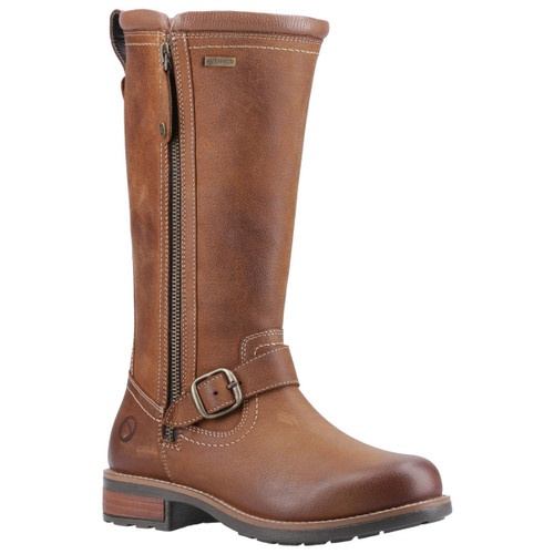 Side view of Cotswold Women’s Bourton Tall Boots in tan leather, featuring a zip closure, buckle detail, and low block heel with waterproof tag.