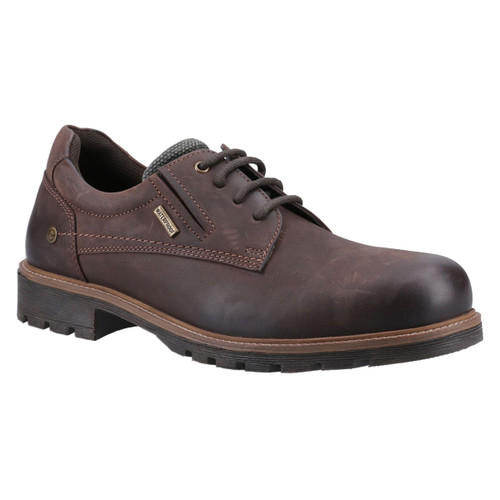A brown leather lace-up shoe with a sturdy black rubber sole, featuring stitching details and a tag on the side. The shoe conveys a rugged, durable look.