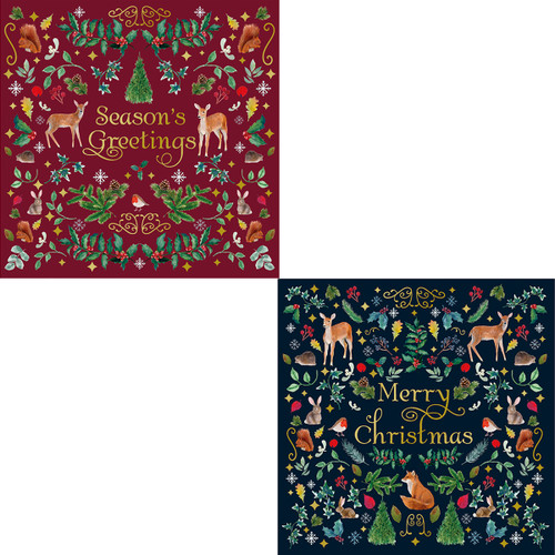 Two festive cards with woodland themes. The first card, on red, reads "Season's Greetings" with deer, plants, and animals. The second, on blue, says "Merry Christmas" with similar designs.