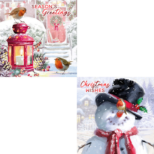 Festive greeting card with snowy scenes: One shows robins by a red lantern, the other a snowman with a robin on its hat. Warm holiday wishes.