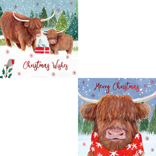 Two Christmas cards with Highland cows in snowy scenes. The first shows two cows with a gift, "Christmas Wishes." The second cow wears a red scarf, "Merry Christmas."