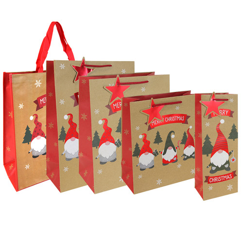 Five festive gift bags with gnome illustrations, red accents, and "Merry Christmas" text. Each bag is adorned with a red star, conveying holiday cheer.