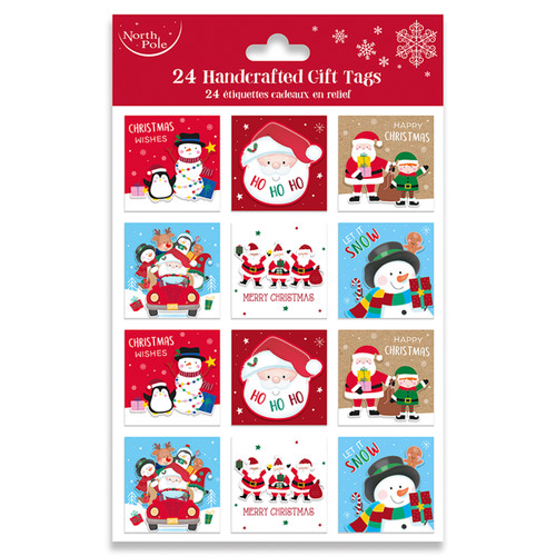 A set of colorful Christmas gift tags featuring Santa, snowmen, and penguins in festive scenes.