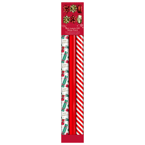 Three rolls of Christmas gift wrap in a pack. Designs include green and red gifts with "Merry Christmas," solid red, and red with white stripes.