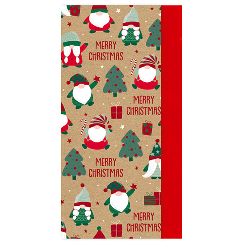 Festive Christmas card with gnome illustrations, trees, gifts, and candy canes on a brown background. Red accents and "Merry Christmas" text.