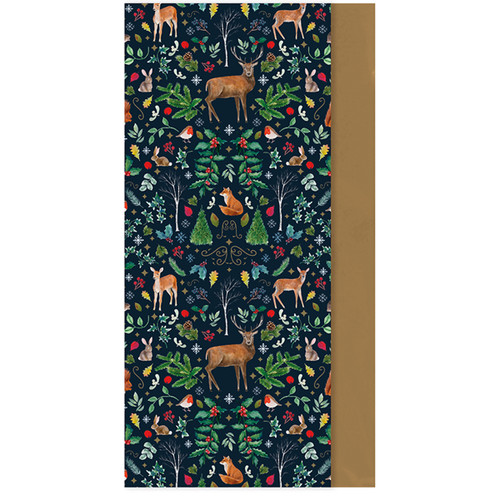 Patterned design with deer, rabbits, birds, and foxes amidst green foliage on a dark background. Includes snowflakes and stars, creating a festive feel.