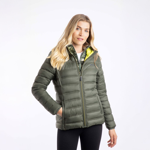 Front view of a woman wearing a deep lichen green padded jacket with a high collar and zip fastening.