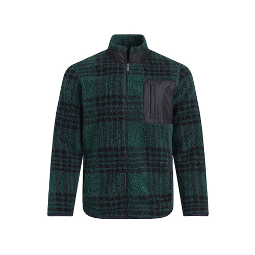 Front view of a men’s fleece jacket in a cedar green and black check pattern. The jacket has a soft texture, full-length zip fastening, a stand-up collar, and a black chest pocket on the left side with vertical zip.