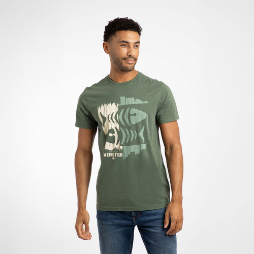 Man wearing a short-sleeve green T-shirt featuring a large abstract double fishbone design and "Weird Fish" text on the front.