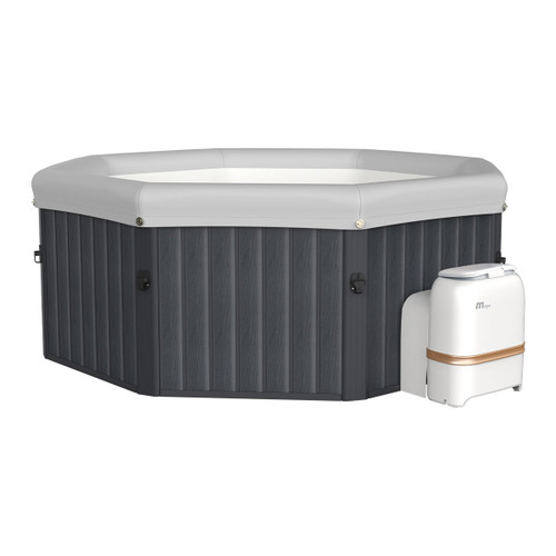 MSpa octagonal hot tub in charcoal grey with a built-in white and bronze control unit, shown empty on a white background for a clear product view.