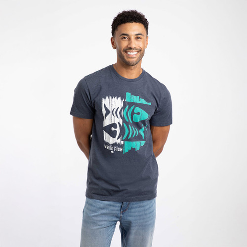 Man wearing a short-sleeve navy T-shirt featuring a large abstract double fishbone design and "Weird Fish" text on the front.