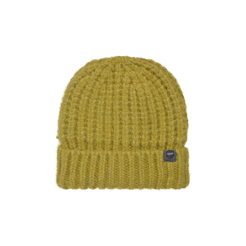 A yellow beanie hat with a small black Weird Fish logo.