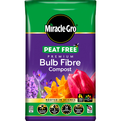 Packaging for Miracle-Gro Peat Free Bulb Fibre Compost. Features vibrant flowers and highlights the product's key benefits: fast root growth, 3-month feed, and 14 nutrients.