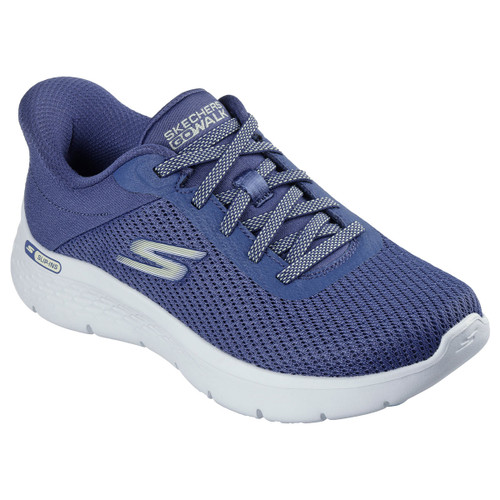 An angled view of a blue Skechers trainer with a white cushioned sole.