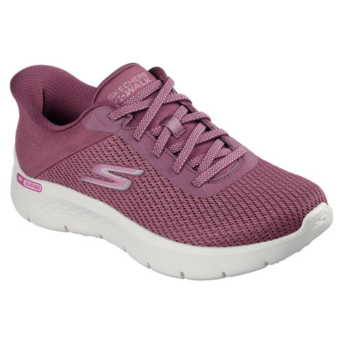 Angled view of a burgundy Skechers GO WALK Slip-ins trainer featuring a breathable mesh upper, lace-up front, and white cushioned sole.