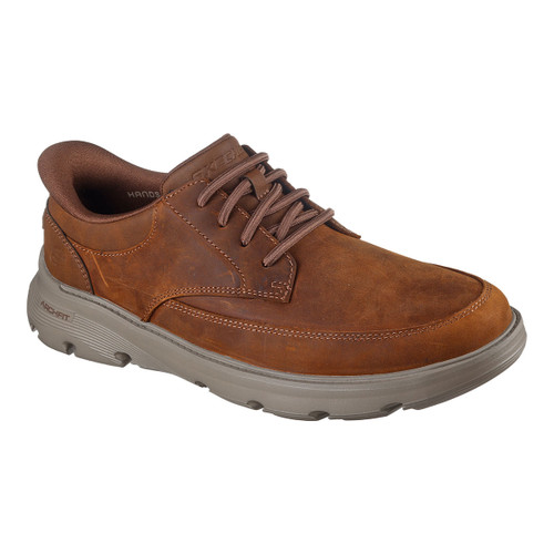 Angled view of a brown Skechers Arch Fit lace-up shoe featuring a smooth leather upper with subtle stitching, padded collar, and contoured cushioned sole.
