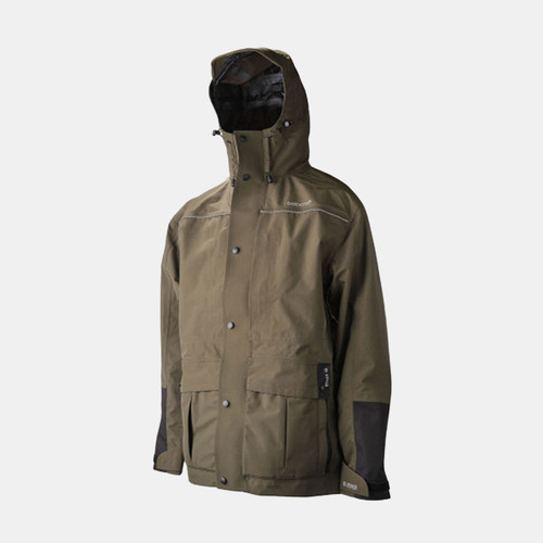 Olive green waterproof jacket with a hood, featuring front snaps, pockets, and black reinforced elbow patches, conveying durability and utility.